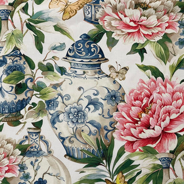 White Jardin cotton fabric with Ming vases and pink peonies